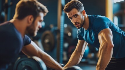 Energetic fitness coach encouraging and guiding male client during intense weightlifting workout in well equipped gym, focusing on proper technique and motivation