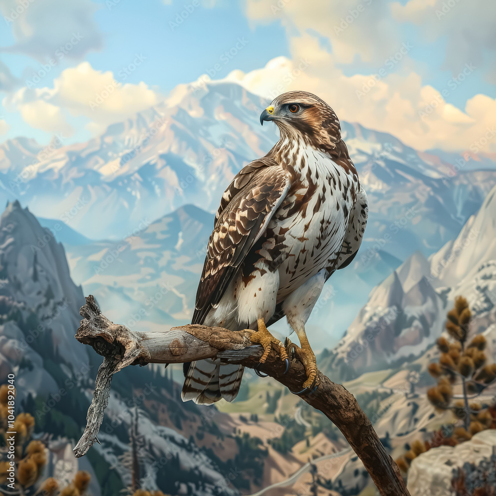 Poster large brown and white hawk is perched on a tree branch in front of a mountain range. concept of free