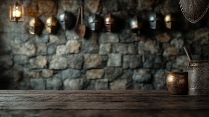 A medieval-themed kitchen area featuring a rustic stone wall adorned with metal helmets and medieval cookware, evoking a sense of history and ancient traditions.