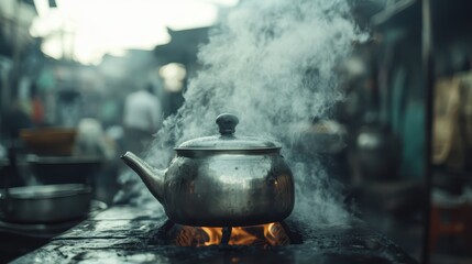 A classic vintage kettle emitting steam on a rustic stove, evoking a sense of nostalgia, warmth, and traditional cooking methods in a bustling setting.