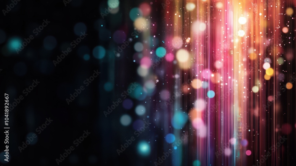 Poster vertical streaks of vivid light with colorful bokeh dots complement the vibrant background, suggesti
