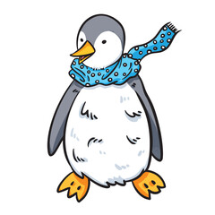 Cute penguin wearing blue scarf colorful illustration isolated on square white background. Simple flat outlined cartoon art styled drawing.