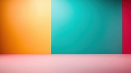 Fototapeta premium A brightly colored wall featuring sections of orange, teal, and red hues creating a striking abstract design, emphasizing vibrant contrast and modern aesthetic elements.