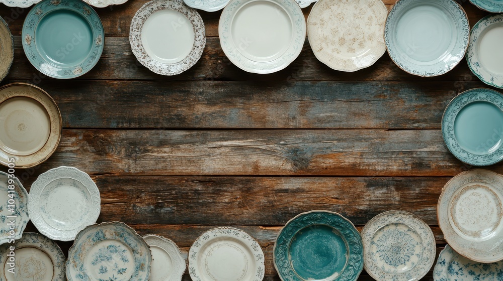Poster various intricately designed plates are thoughtfully arranged on a weathered, rustic wooden backdrop