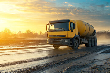 Cement mixer truck pouring concrete for a new road