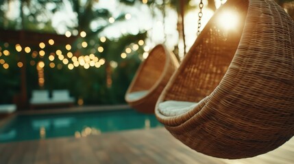Two hanging wicker chairs beside a tranquil pool, softly lit by string lights, creating a serene outdoor setting during a stunning sunset over palm trees.