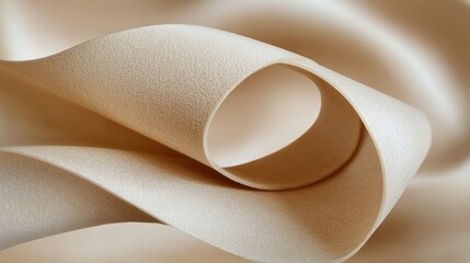 A smooth, beige ribbon-like material elegantly loops, showcasing texture and form.