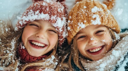 Two children lie side by side, snowflakes on their hats and happy smiles on their faces, capturing the magic of winter play and childhood moments.