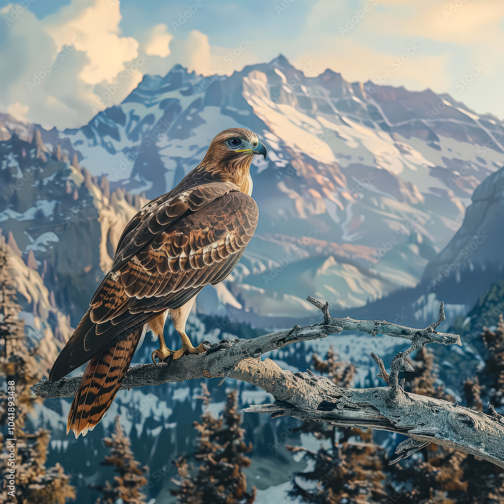 Poster large brown and white hawk is perched on a tree branch in front of a mountain range. concept of free