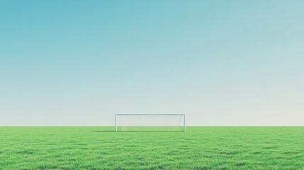 A soccer goal positioned on a lush green field, with a clear blue sky behind, portraying the calm and peaceful setting of an unused sports area. --chaos