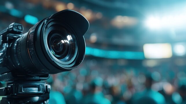 A high-quality professional camera focused on a sports arena, capturing the vibrant atmosphere with bright lights and a crowded background setting the scene.