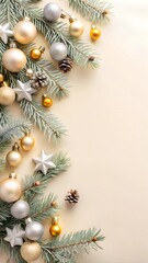 Christmas decorations with gold and silver ornaments, stars, and pinecones on a beige background. Copy space available, making it perfect for holiday cards and festive designs.