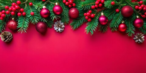 Christmas branches with red and gold baubles, pinecones, and berries on a red background. Perfect for holiday designs with copy space for text or branding.