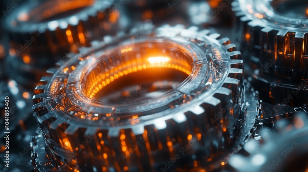 Poster Intricate mechanical gears with transparent exteriors and glowing orange lights are displayed in a futuristic environment, highlighting advanced engineering.
