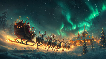 Fototapeta premium Santa's sleigh taking off from the North Pole, pulled by reindeer with detailed harnesses and fur, beneath the Northern Lights, with Santa's workshop below