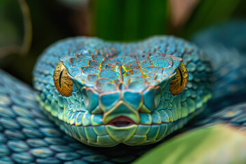 Fototapeta premium Blue snake with yellow eyes is shown in a green leaf. The snake's eyes are large and prominent, drawing attention to its face. Scene is one of curiosity and intrigue