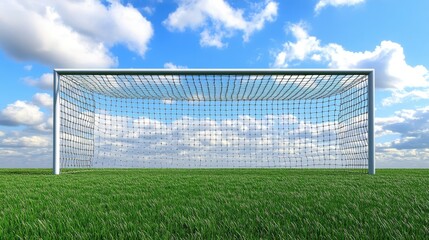Fototapeta premium A soccer goal stands on a green field, with the open sky and fresh grass creating a calm and serene setting for the next game. --chaos