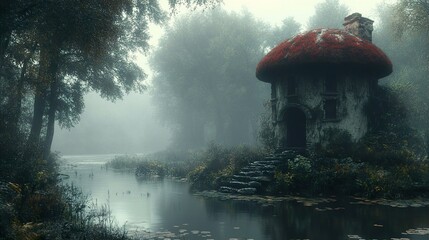 Enchanted Mushroom House in a Foggy Forest