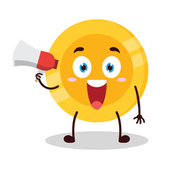 cute happy expression of coin cartoon carry megaphone cartoon character