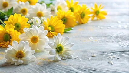 Obraz premium Yellow and white flowers on a white textured surface painted floor low angle