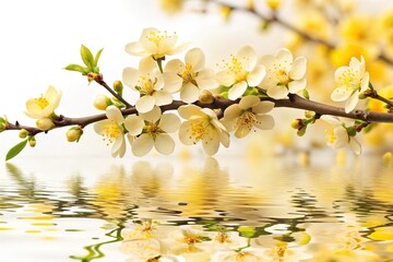 Yellow apricot flowers reflected on white background