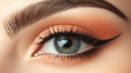 Obraz premium Macro view of a female eye with natural makeup, detailed lashes, and soft brow definition, capturing fashion and beauty in simplicity.