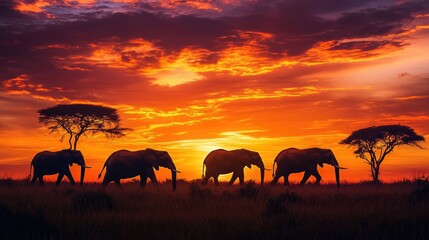 Obraz premium Majestic elephants silhouetted at sunset, crossing the African savanna under a glowing sky, acacia trees rising in the background