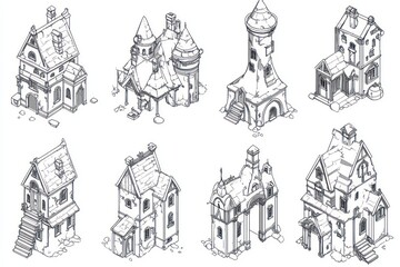 Fototapeta premium Outline fantasy buildings, simple isometric symbols pack for Wonderdraft, black and white line art, plain white background