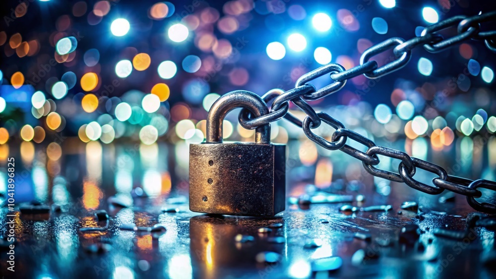 Poster hacker theme with broken lock and chain - cybersecurity, digital crime, technology background