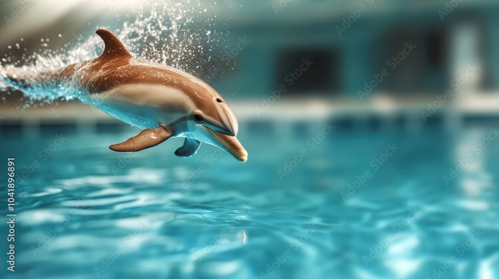 Poster a lively dolphin leaps out of a clear, blue pool, creating a splash and captivating the viewer with 