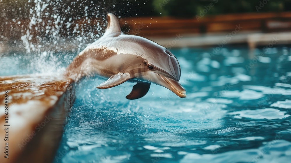 Poster an exuberant dolphin bursts out of the water with vigorous elegance, captivating with its acrobatic 