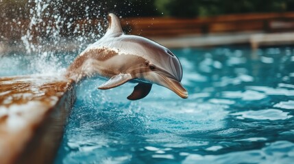 Obraz premium An exuberant dolphin bursts out of the water with vigorous elegance, captivating with its acrobatic leap and creating a dynamic display of marine life delight.