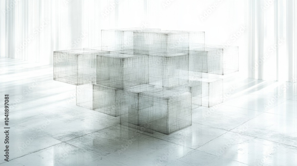 Leinwandbilder A series of transparent wireframe cubes are arranged in an artistic manner within a light-filled, minimal space. The subtle interplay of light enhances their geometric elegance.