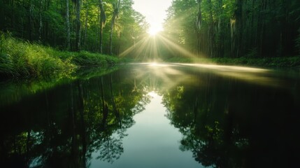 Obraz premium A tranquil river in the forest enveloped in morning mist, the sun's rays filtering through, creating a serene, dreamlike atmosphere filled with light and tranquility.
