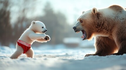 In snowfall, a polar bear cub in red trunks playfully confronts a larger bear, creating a humorous and surreal moment that reflects innocence and bravery in nature.