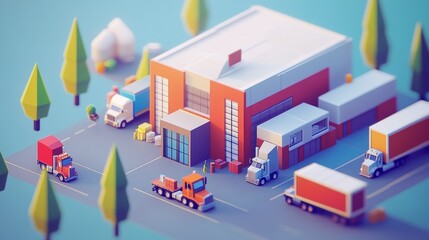 Obraz premium Isometric Low Poly Factory. Warehouse and Trucks Infographic Element