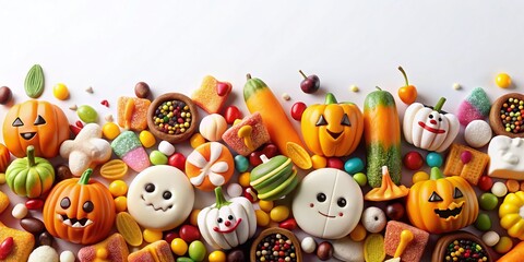 Fototapeta premium Halloween Candies and Sweets Border with Cartoon Desserts for Festive Celebrations