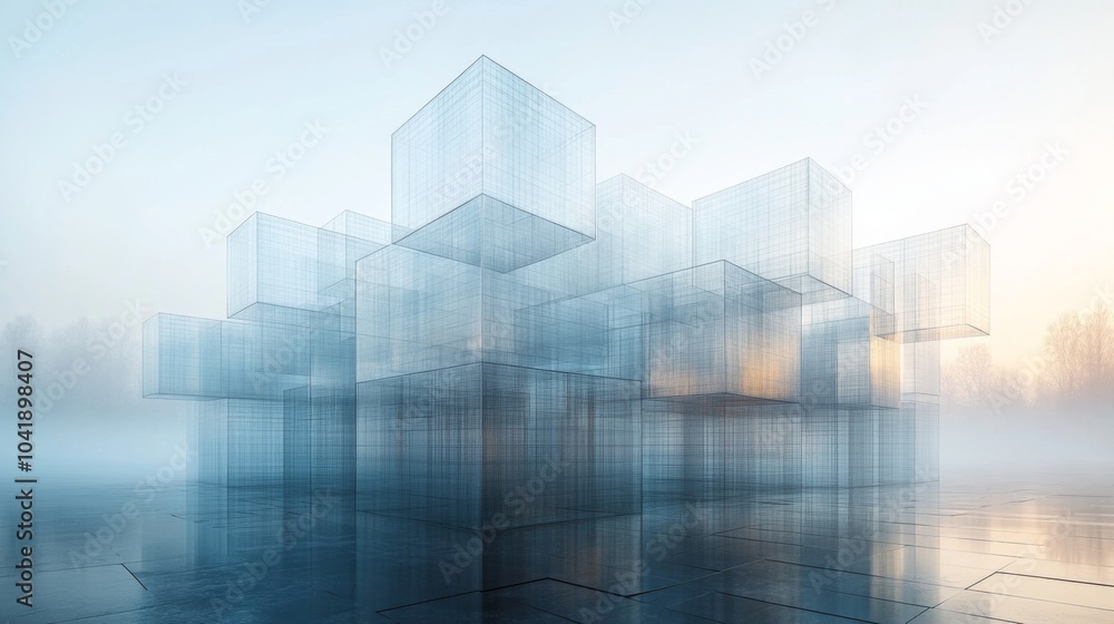 Fototapete the artwork features a cluster of transparent cubes emerging from a misty environment during dawn, h