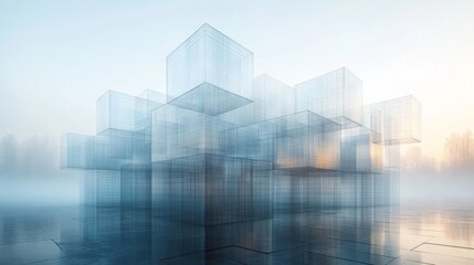The artwork features a cluster of transparent cubes emerging from a misty environment during dawn, highlighting delicate reflections and textures.