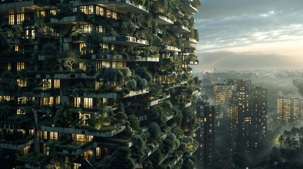 Obraz premium A tall building with many windows is surrounded by trees