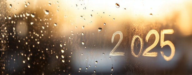 A fogged up mirror with condensation the number 2025 written clearly with a finger swipe and a small heart doodle next to it and soft diffused light reflects off the glass with slight blur background