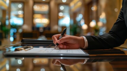 Close-up of a professional woman signing a document in a modern office setting.