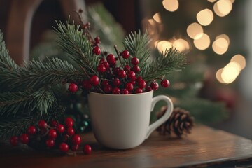 Cozy Holiday Decor with Cup and Pine Sprigs