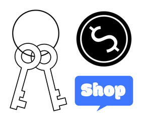 Two keys intersect with a dollar sign and a shop speech bubble. Ideal for security, finance, commerce, online shopping, and business. Minimalist style, black and blue colors, vector