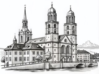 Hand-Drawn Grossmünster Church Illustration in Zurich, Switzerland - Black Silhouette on White Background for Artistic