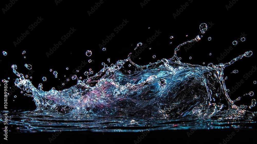 Aufkleber neon-lit splash of water, droplets suspended in intricate patterns, with a deep black background add