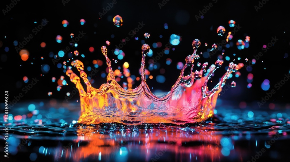 Poster neon-lit splash of water, droplets suspended in intricate patterns, with a deep black background add