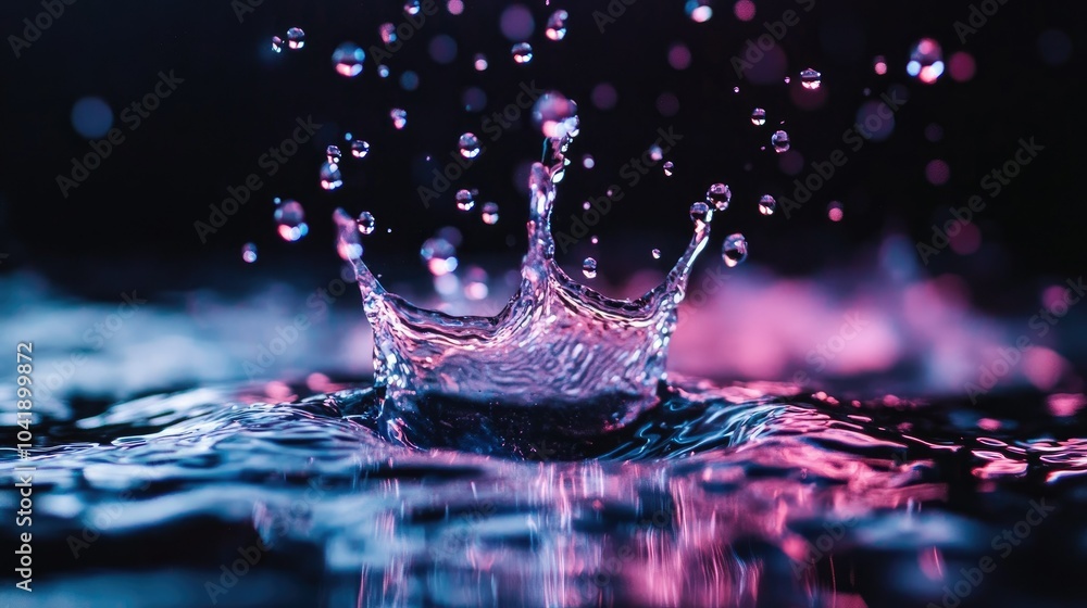 Poster neon-lit splash of water, droplets suspended in intricate patterns, with a deep black background add