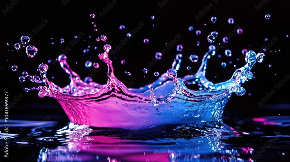 Poster neon-lit splash of water, droplets suspended in intricate patterns, with a deep black background add