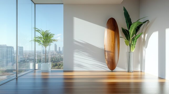 A bright modern room featuring large windows, elegant flooring, a decorative plant, and a stylish wooden surfboard, all providing an impressive city view.